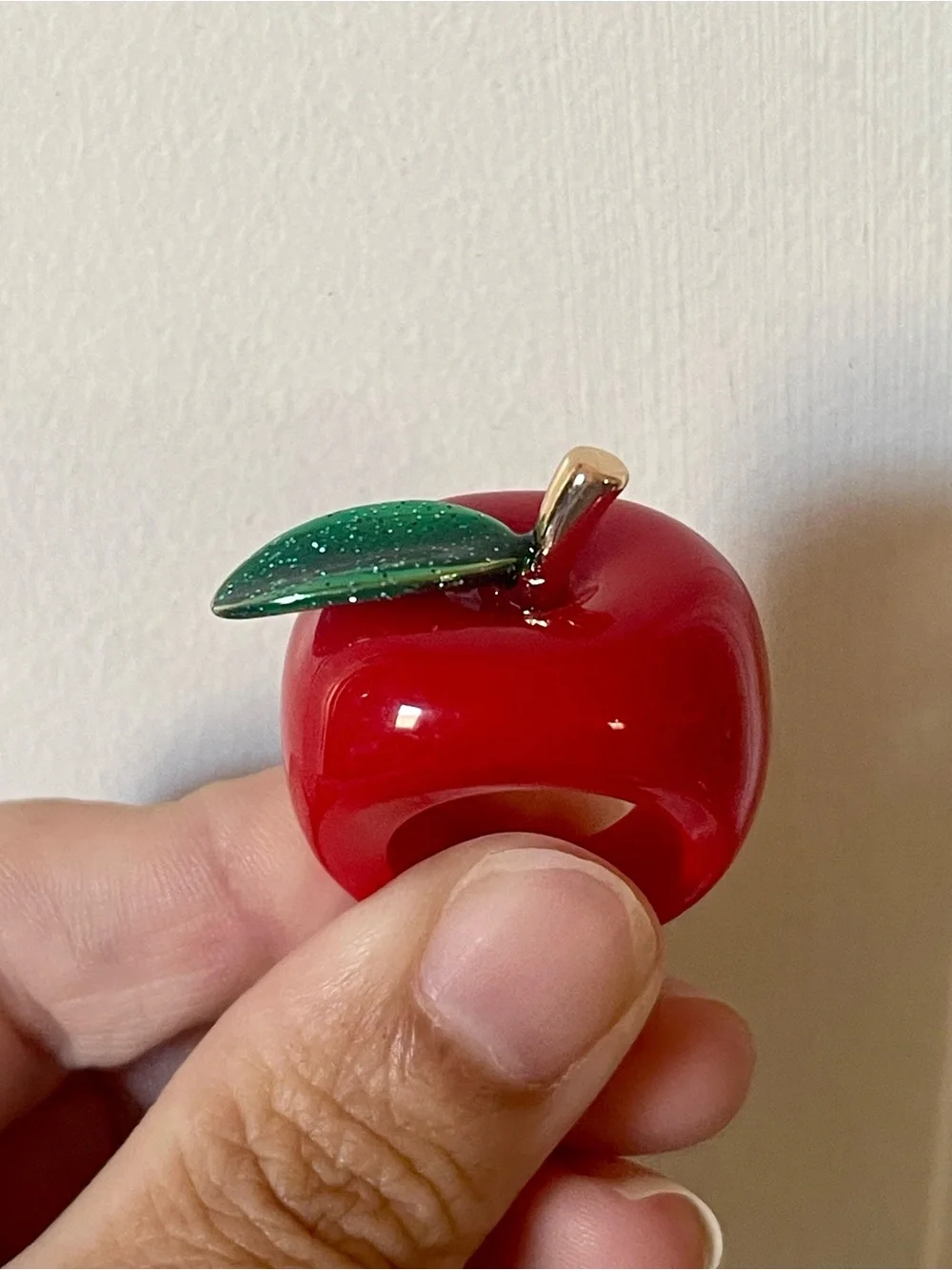 Red Apple Resin Statement Ring with Green Leaf Accent